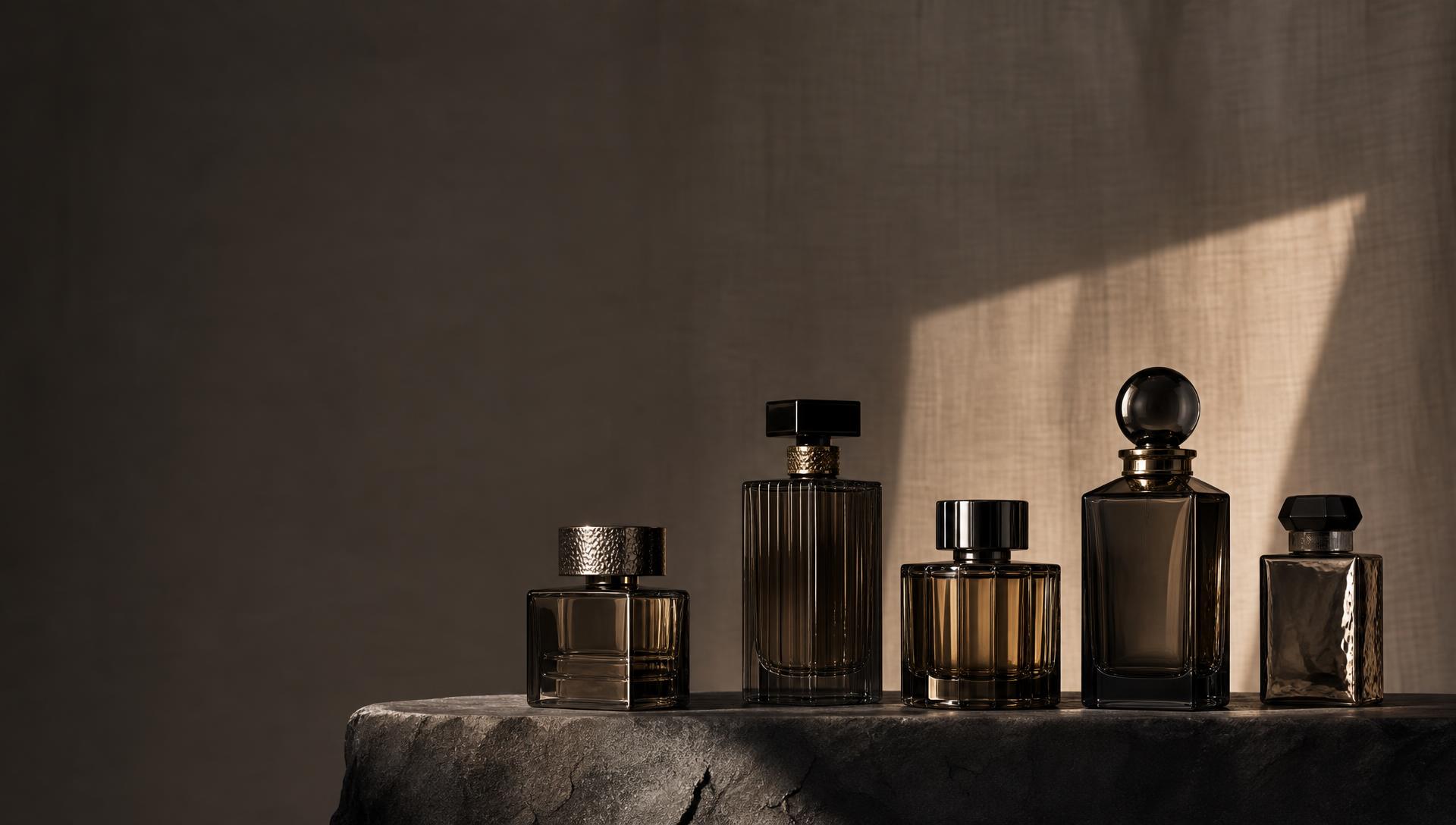 Five niche luxury fragrance bottles arranged on a stone plinth in warm directional light