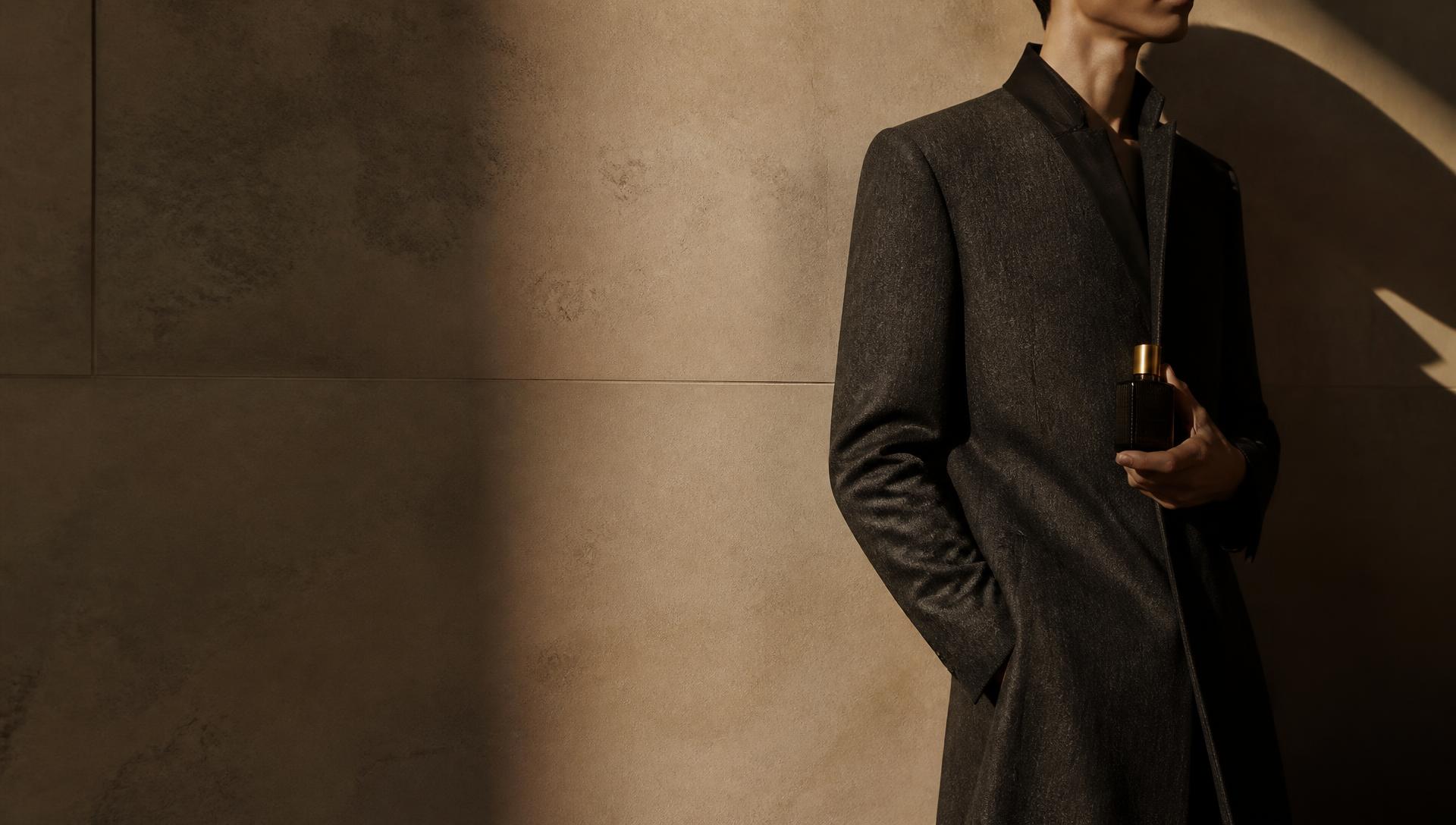 Editorial portrait of a figure in a tailored charcoal coat in hard directional light